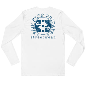 FLIP FLOP FRIDAYS STREETWEAR | NAVY ON WHITE - Next Level Long Sleeve Fitted Crew