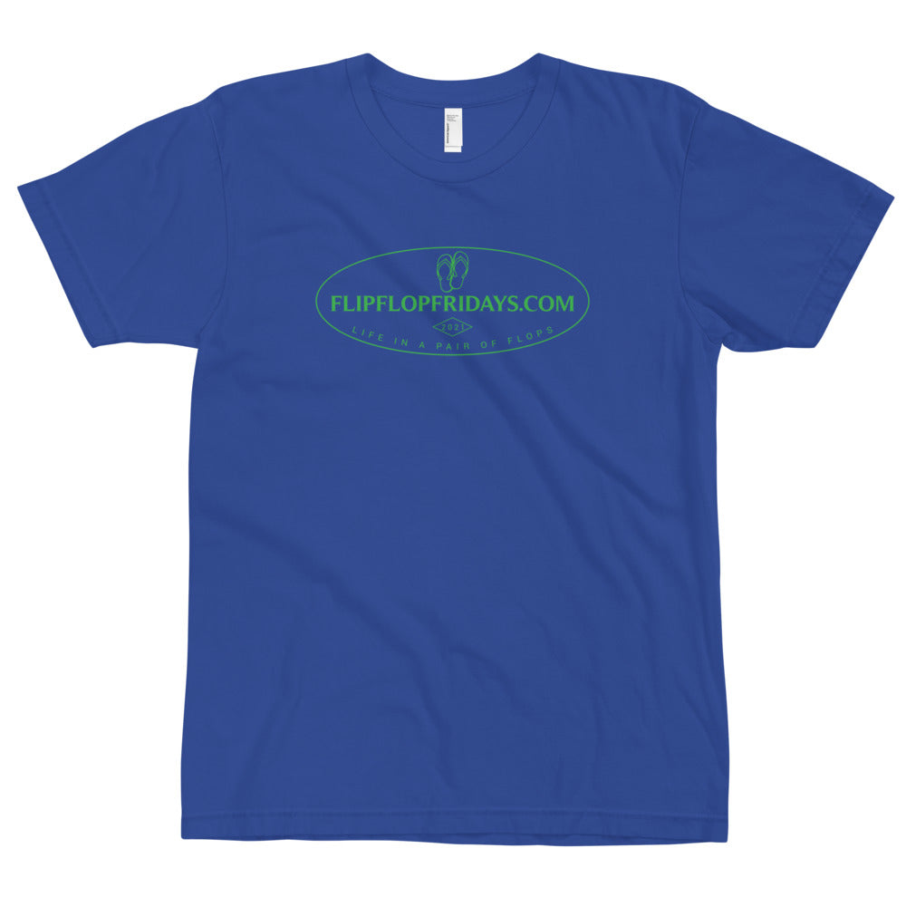FLIPFLOPFRIDAYS.COM OVAL | GREEN PRINT ON ROYAL - American Apparel Short Sleeve T-Shirt