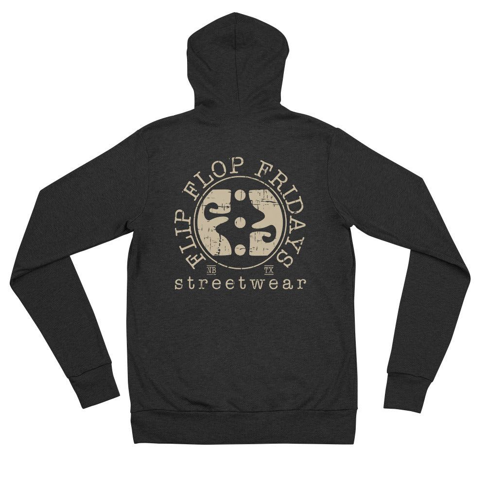 FLIP FLOP FRIDAYS STREETWEAR | CREAM ON HEATHER BLACK -  Bella + Canvas Unisex zip hoodie